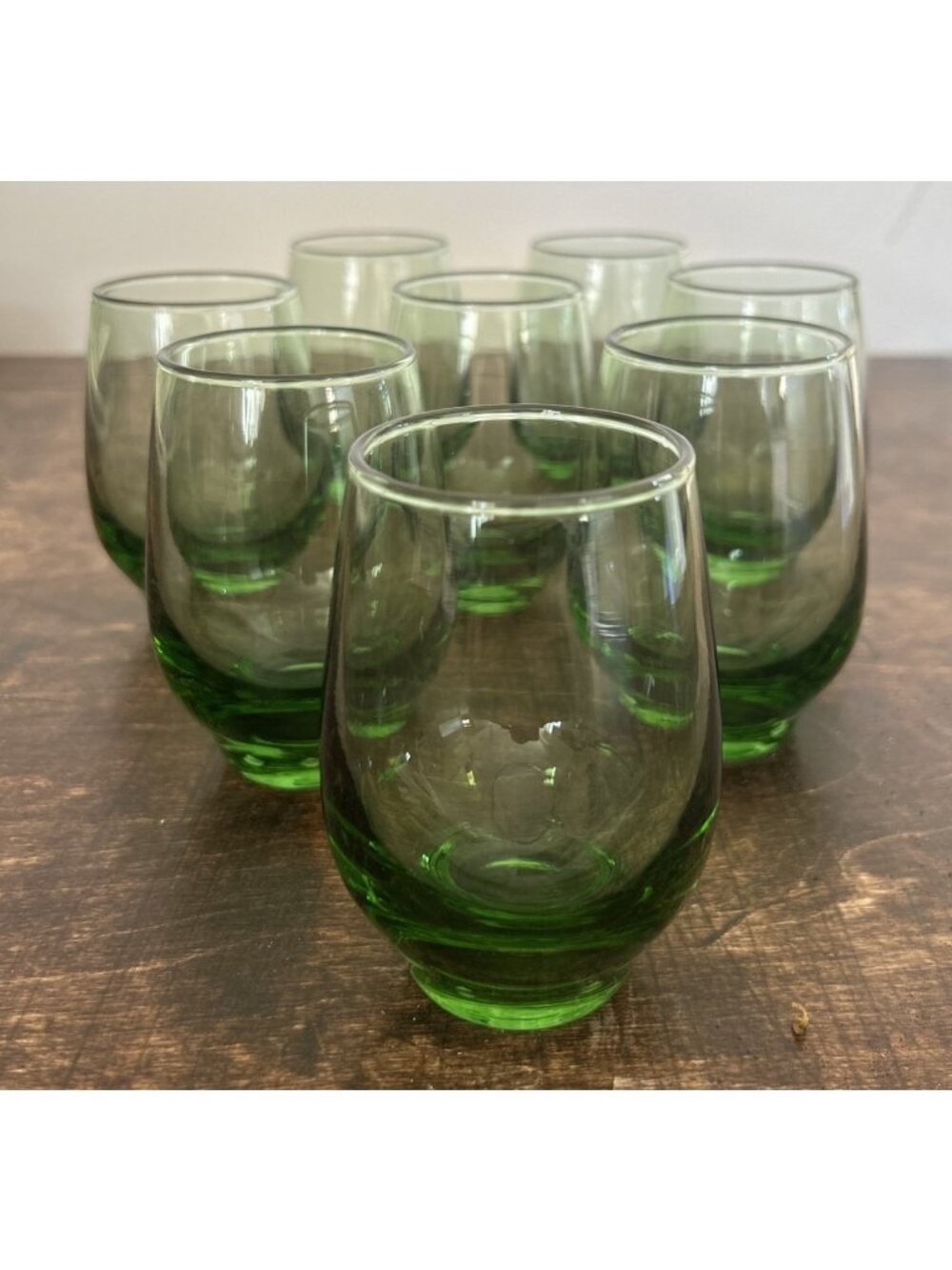 Vintage Set of 8 Libbey Tempo Green Roly Poly Drink Juice Glasses Mid Century